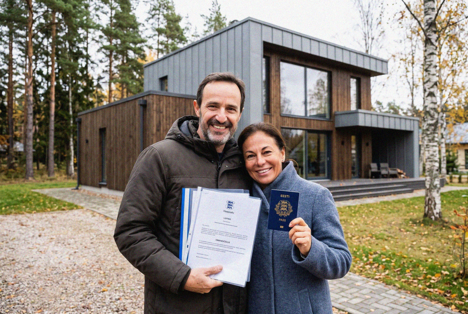 Maksim ja Jelena S. Eesti passi ja kodakondsuse tunnistusega oma kodu terrassil Haapsalus