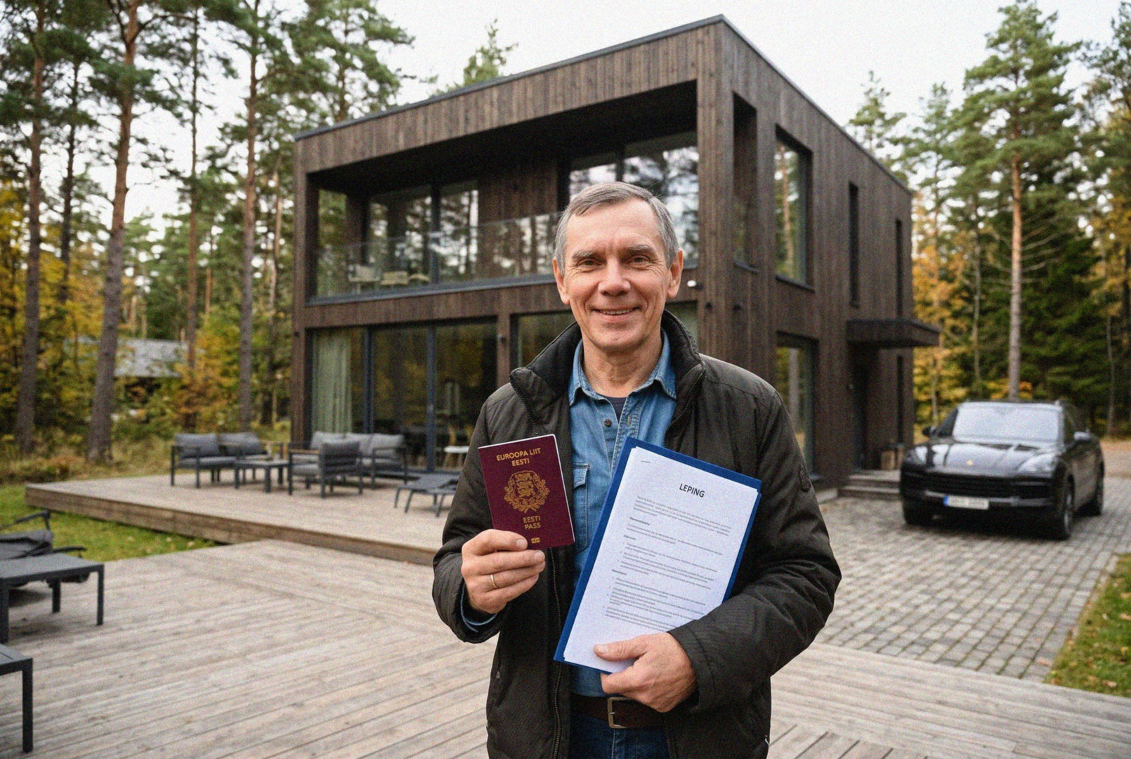 Andrei K. Nõmmel oma eramaja ees Eesti kodakondsuse dokumentidega