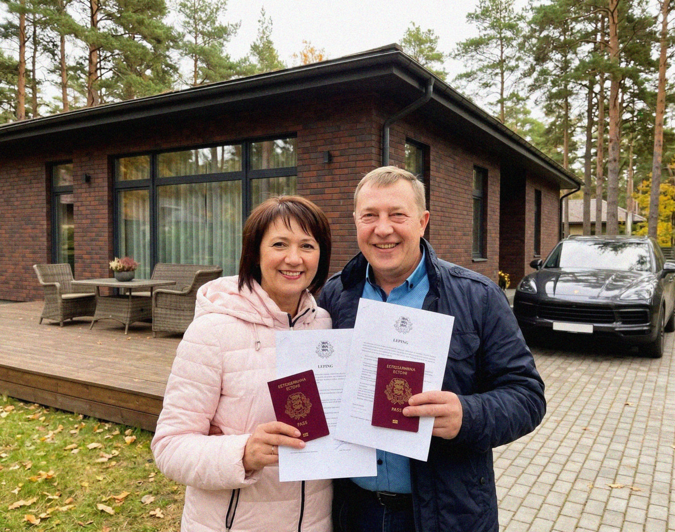 Dmitri ja Svetlana P. Pärnu rannarajoonis oma eramu aias Eesti kodakondsuse dokumentidega