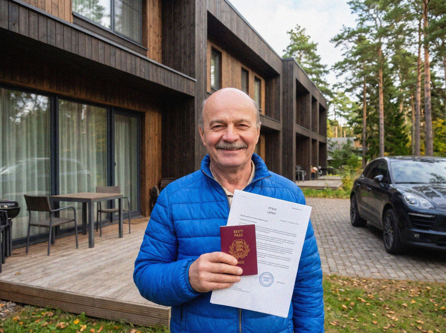 Sergei V. Viimsis oma kodu terrassil Eesti Vabariigi kodakondsuse tunnistusega
